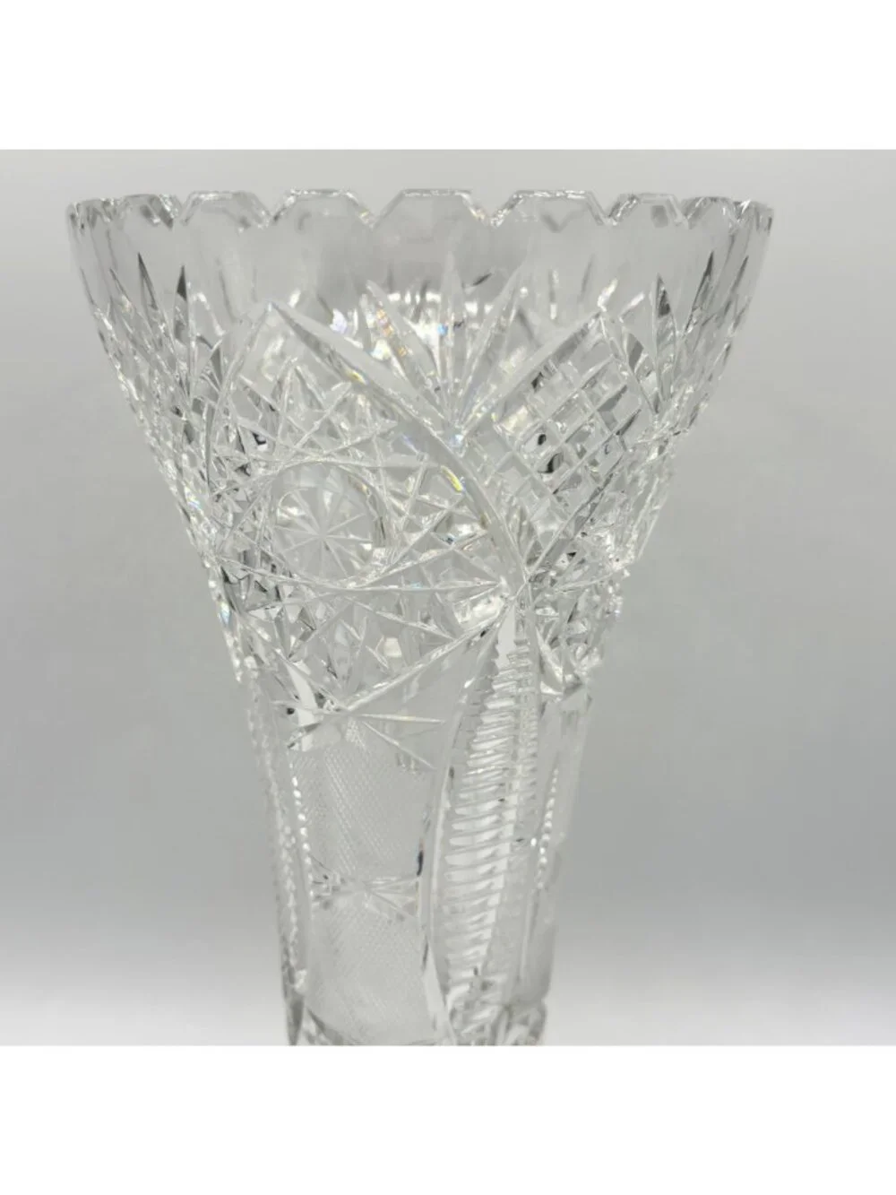 Vintage American Brilliant Cut Glass Trumpet Vase Hobstar 10